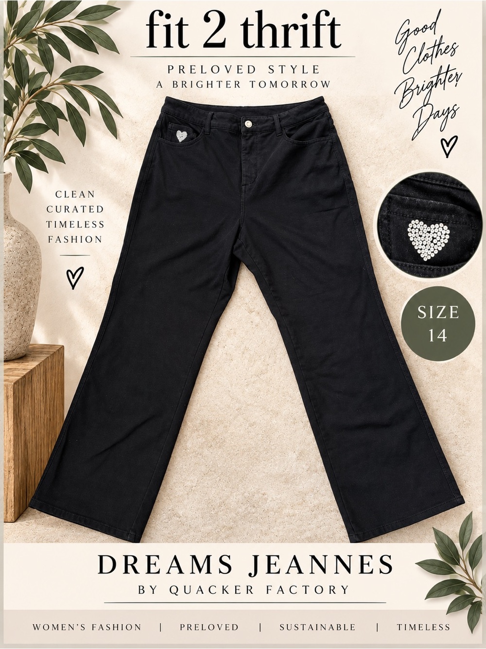 DreamJeannes Quacker Factory Black Rhinestone Heart Jeans Women’s 14